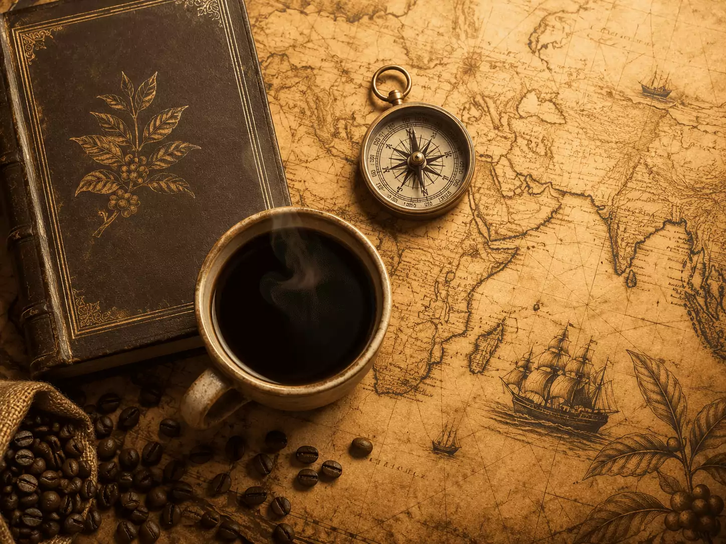taza cafe libro brujula sobre mapa
